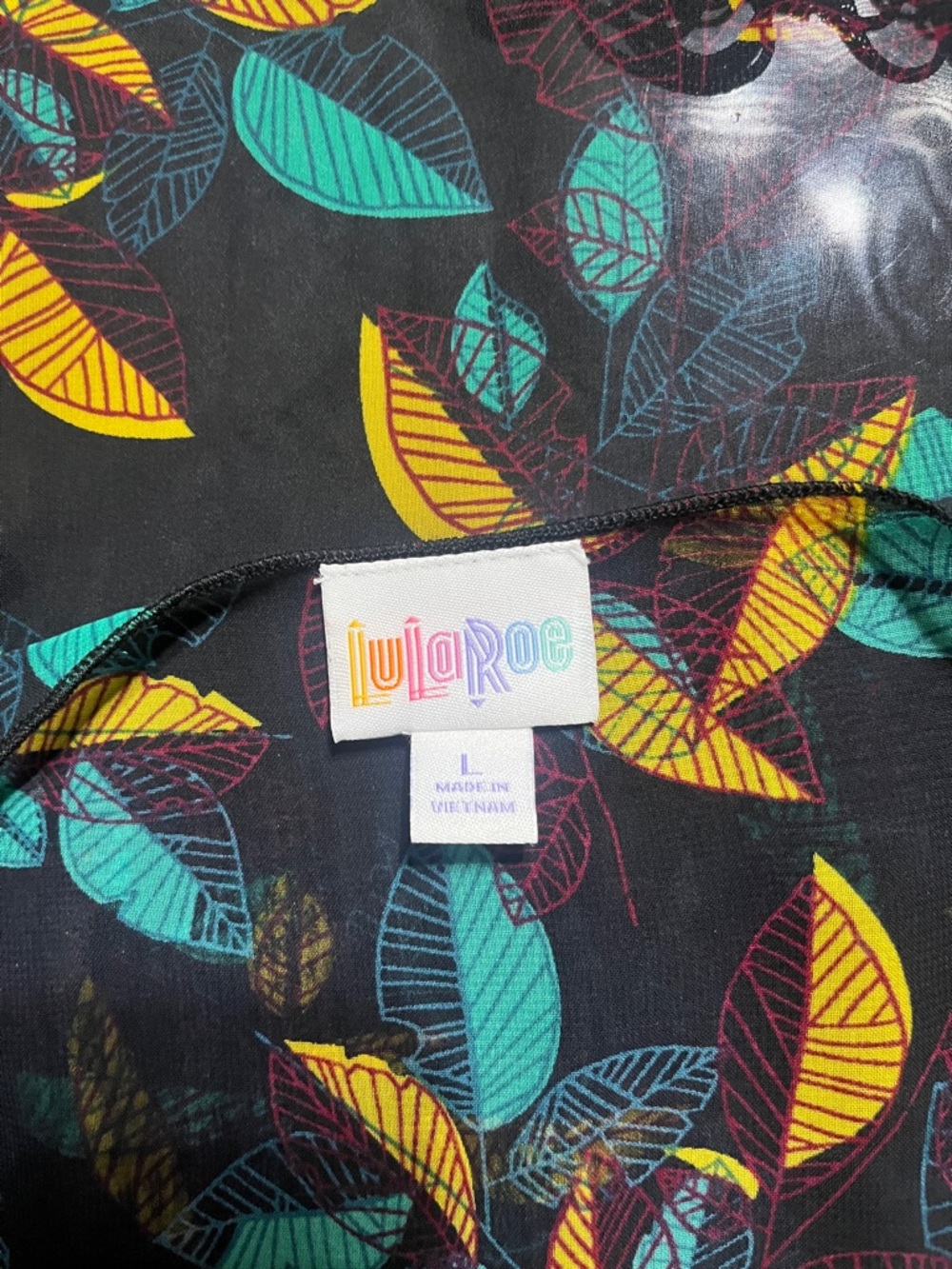 LuLaRoe Kimono Sz L MONROE Draped Collar Sheer Black Leaf Print Fringe Feminine - Picture 6 of 8